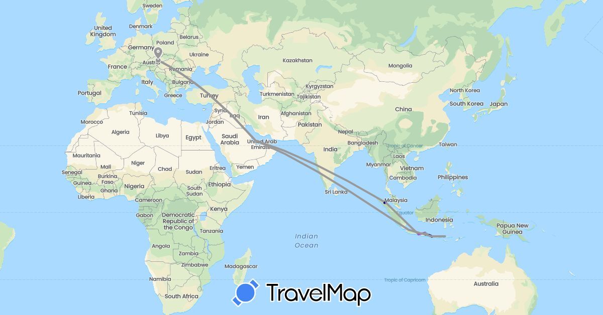 TravelMap itinerary: driving, plane, train, boat in Austria, Indonesia, Qatar (Asia, Europe)